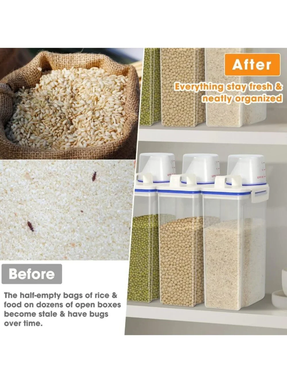 2 Pack Rice Cereal Storage Containers with Measuring Cup & Easy Pour Spout